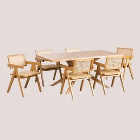 Set Tavolo Da Pranzo Rettangolare (180x90 Cm) Arnaiz E 6 Sedie Con Braccioli In Legno Fresno E Rattan Lali Style Legno Naturale - Sklum