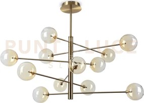 Equinoxe sospensione in vetro ambra e ottone antico 12 luci attacco g4