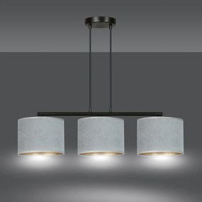 Lampadario 3 Luci Ganesha In Acciaio Nero E Paralumi In Tessuto Grigio