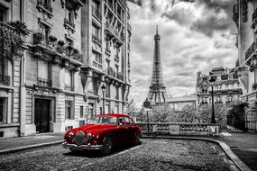 Carta da parati autoadesiva – Auto retrò rossa a Parigi