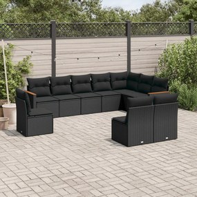 Set divani da giardino 10pz con cuscini in polyrattan nero