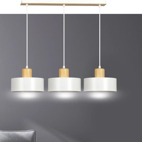 Sospensione Nordica 3 Luci Surya In Acciaio Bianco E Legno