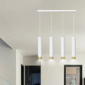 Lampadario 4 Luci Kibo In Acciaio Bianco E Tubolari In Bianco E Oro