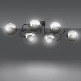 Plafoniera 6 Luci Brandi In Acciaio Nero E Sfere In Vetro Fumè