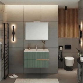 Mobile bagno Eva 80 cm, completo di lavabo in ceramica e specchio a filo con Led, 2 cassetti rovere naturale e verde salvia cannettato.