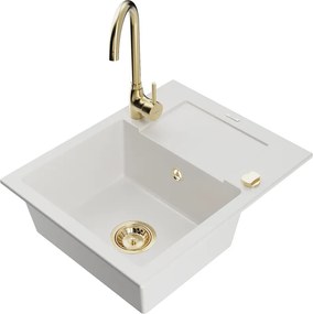 Mexen Enzo lavello in granito 1-vasca con scolapiatti e rubinetto da cucina Telma, bianco - 6506-20-670200-50