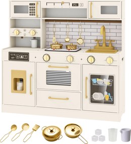 Costway Cucina giocattolo per bambini con fornelli luci suoni rubinetto lavandino, Microonde cappa forno lavastoviglie set in legno per 3+ anni
