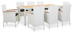 Set da pranzo per giardino 9 pz in polyrattan bianco