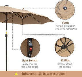 Ombrellone Doppio con Luci LED Ø4,5 m Palo Ø48 mm in Poliestere e Acciaio Cachi...