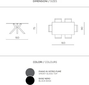 Tavolo da pranzo con piano in vetro Fumč e base in metallo 160x90 cm DANTE