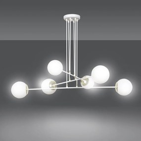 Lampadario Moderno 6 Luci Ognis In Acciaio Bianco E Oro E Vetro A Sfera Opale