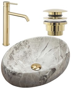 Set Lavabo da appoggio Linda stone + Rubinetto da bagno Lungo gold + Tappo gold