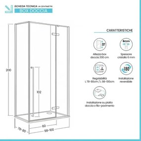 Box doccia angolare 80x100 con porta battente cristallo trasparente e profili cromati Nylo