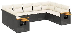 Set divani da giardino 9 pz con cuscini nero in polyrattan