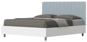 Letto matrimoniale e rete 160x200 in legno bianco e testata in microfibra azzurro Kaia