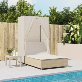 Lettino Prendisole Con Tetto E Tende Beige İn Polyrattan /