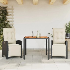 Set da pranzo da giardino 3 pz con cuscini nero in polyrattan