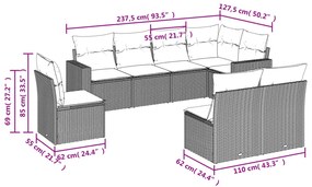 Set divano da giardino 8pz con cuscini grigio chiaro polyrattan