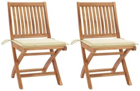 Sedie da Giardino 2 pz con Cuscini Crema in Massello di Teak