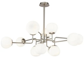 Lampadario Sospensione Erich In Metallo Nichel 12 Luci E Diffusori Bianchi