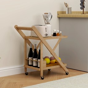 Carrello da Cucina Portavivande Pieghevole 66x40x70 cm a 2 Livelli con Portabottiglie in Legno di Bambù...