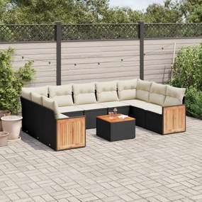 Set divani da giardino 10pz con cuscini in polyrattan nero