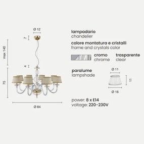 Lampada a sospensione BACH con paralume in vetro trasparente 8 LUCI CROMO