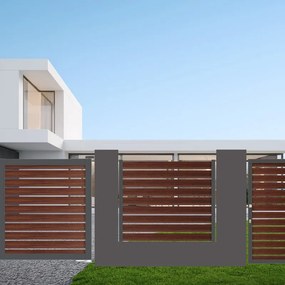Cancello automatico battente Maia120-20 ALBA in alluminio noce telaio grigio, apertura centrale, L 300 x H 160 cm