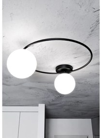 Plafoniera Minimal 2 Luci Perseo In Acciaio Nero E Sfere In Vetro Bianco