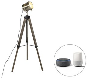 Lampada da terra intelligente a treppiede in legno con faretto da studio incl. Wifi B35 - Braha