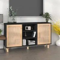 Credenza Nera 105x30x60cm Legno Massello Pino e Rattan Naturale cod mxl 16837