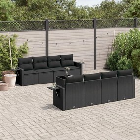 Set divani da giardino 9 pz con cuscini nero in polyrattan