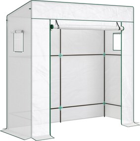 Serra per Piante 196x77x197 cm con 2 Finestre Laterali a Rete e Ingresso Avvolgibile in PE e Acciaio Bianco...