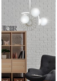 Lampadario 3 Luci Rama In Acciaio Bianco A Bracci E Sfere In Vetro Opalino