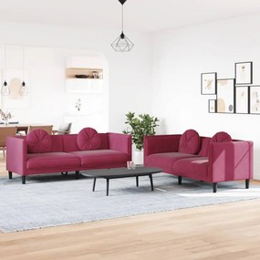 Set Di Divani 2 Pz Con Cuscini Rosso Vino İn Velluto /