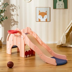 Costway Scivolo per bambini con carinissima forma di elefante, Scivolo 4-in-1 per bambini con canestro da basket e pallone Rosa