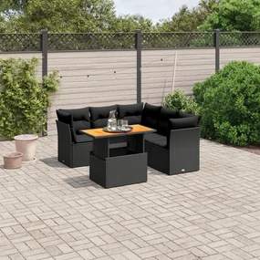 Set divani da giardino 5 pz con cuscini in polyrattan nero