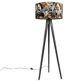 Lampada da terra treppiede nero con paralume fiori 50 cm - Tripod Classic