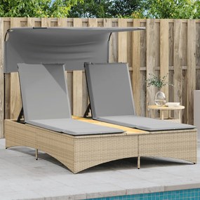Lettino Doppio Con Baldacchino E Cuscini Beige Misto Polyrattan /