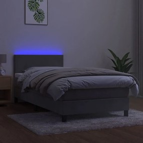 Letto a molle materasso e led grigio chiaro 100x200 cm velluto