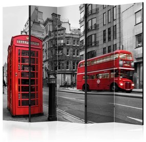Paravento design Icone di Londra II (5-parti) - autobus rosso e cabina telefonica