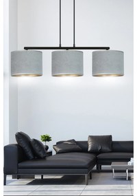 Lampadario 3 Luci Ganesha In Acciaio Nero E Paralumi In Tessuto Grigio