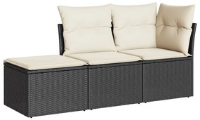 Set divani da giardino 3 pz con cuscini in polyrattan nero