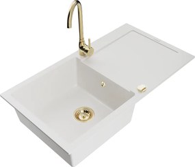 Mexen Leo lavello da cucina in granito a 1 vasca con scolapiatti e miscelatore Telma, bianco - 6501-20-670200-50