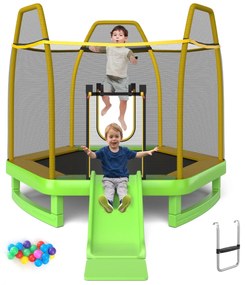 Costway Trampolino elastico per bambini con scivolo scaletta diametro 223cm, Saltarello con struttura in metallo Verde