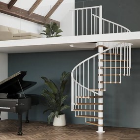 Scala a chiocciola a base tonda Luna IRIS, con corrimano, larghezza 105 cm, struttura in acciaio bianco, gradini in legno faggio, colore noce