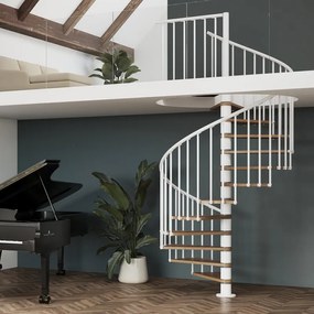 Scala a chiocciola a base tonda Luna IRIS, larghezza 120 cm, struttura in acciaio bianco, gradini in legno faggio, colore noce
