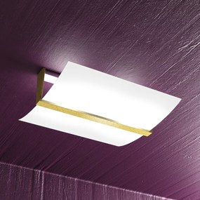 Plafoniera Contemporanea Wood Metallo Foglia Oro Vetro Bianco 2 Luci E27 43Cm