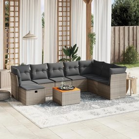 Set divano da giardino 9 pz con cuscini grigio in polyrattan