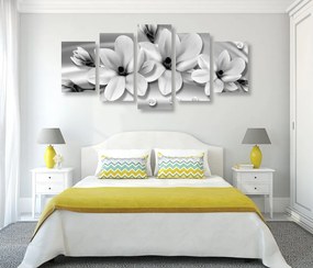 Quadri 5 pezzi – Magnolia di lusso con perle in bianco e nero